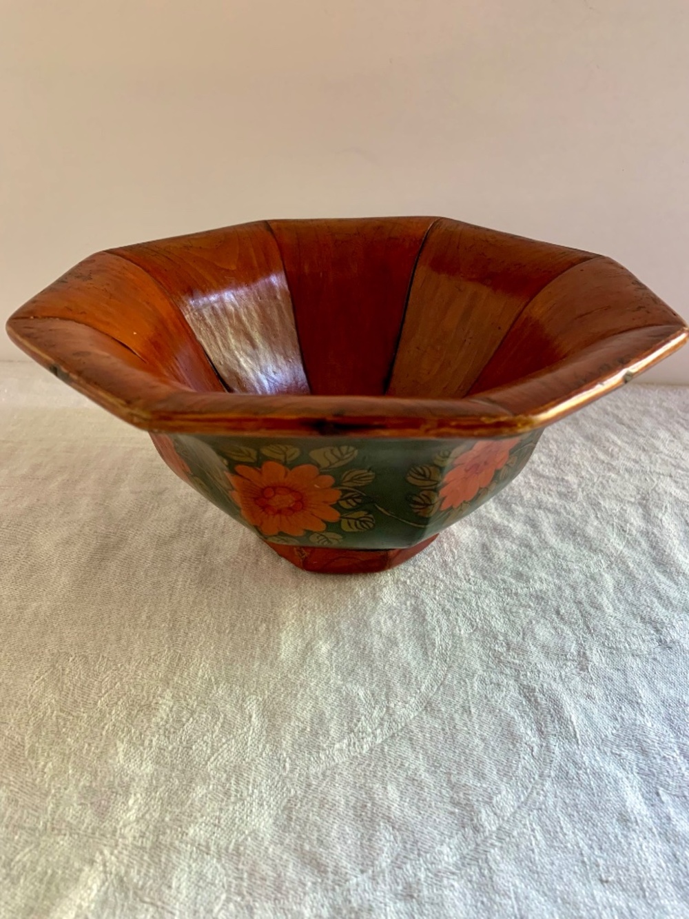 Vintage Japanese Hand Painted Floral Wood Bowl Lacquerware Boho Cottage Decor